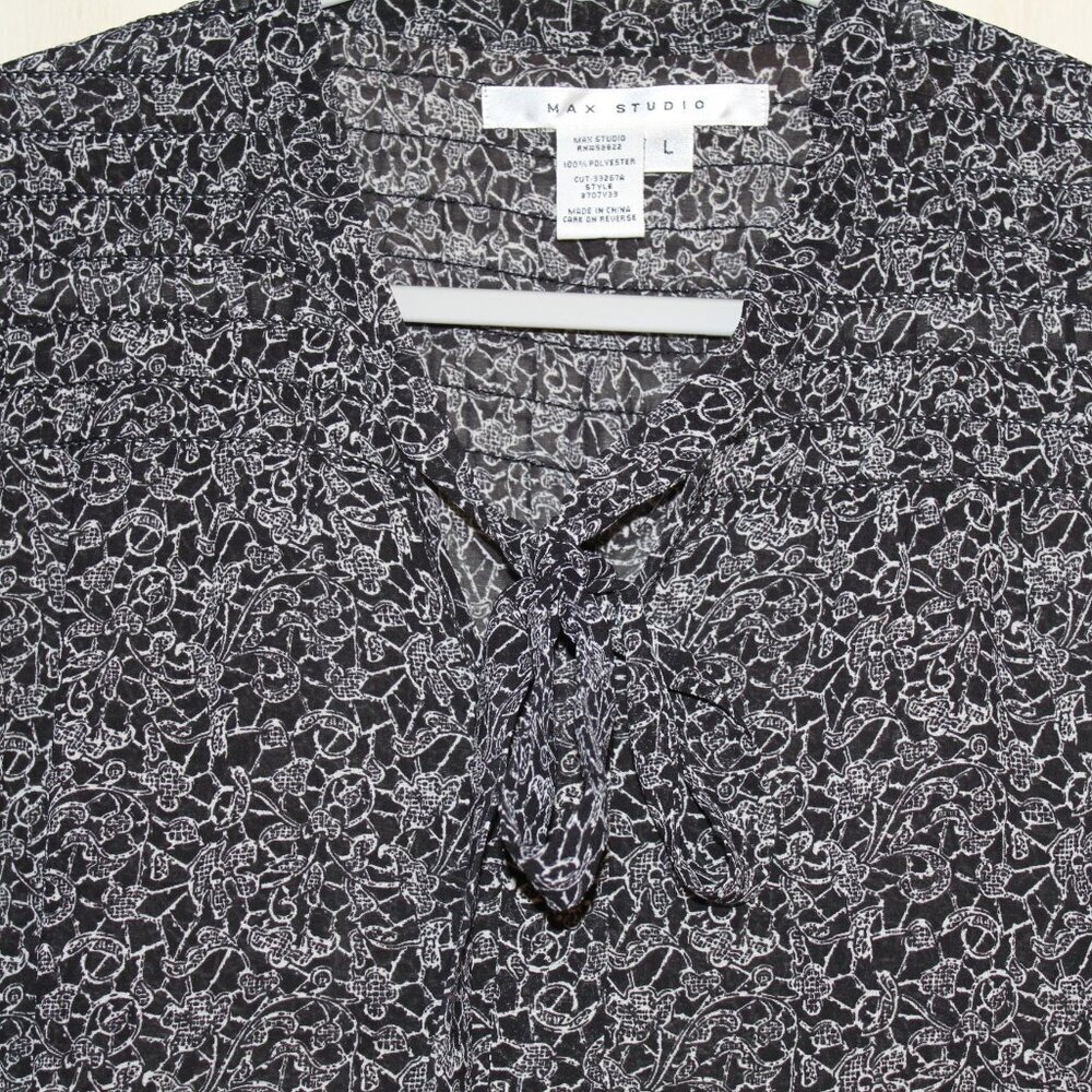Max Studio black‎ and white long-sleeve tie-neck tunic style blouse L - Picture 2 of 4